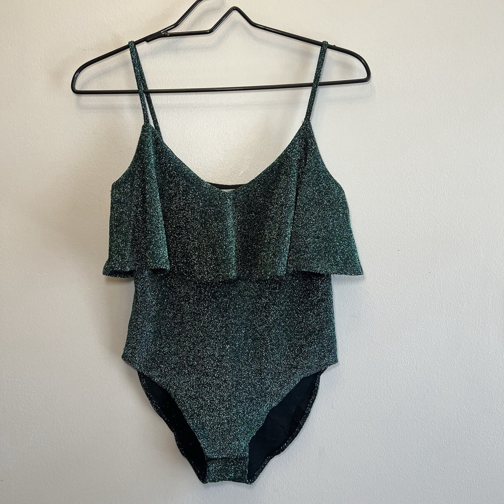 Zara Green Knit Sparkle Ruffle Tank Top Bodysuit Woman’s Small - Picture 2 of 12